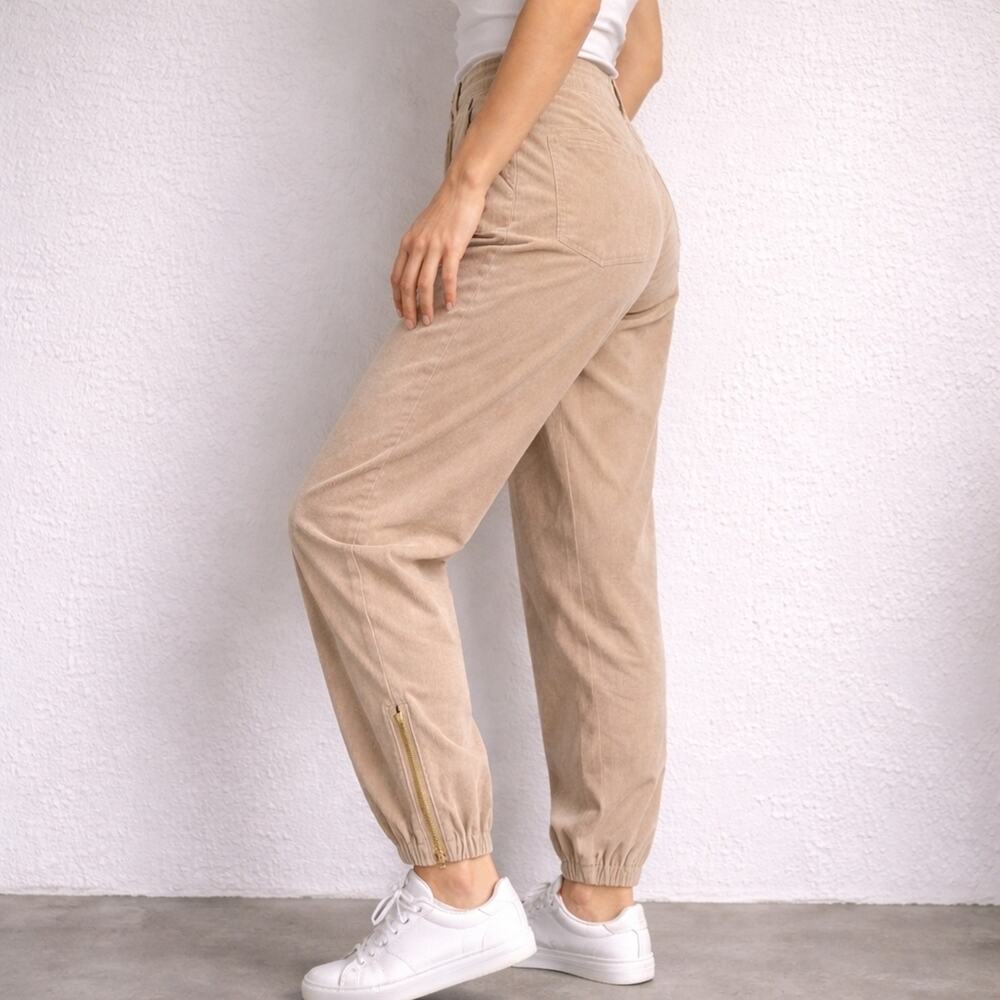 Zara Beige Jogger Pants Elastic Waist Ankle Zip | Size S
